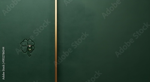 Dark green leather background with golden line and lucky four leaf clover symbol, embossed texture, luxury design, st patrick's day, good luck charm, elegant background, clean design