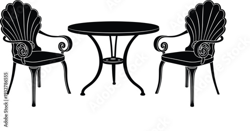 Classic outdoor patio furniture set silhouette, empty round bistro table with two ornate chairs for garden or cafe, vector illustration, isolated.