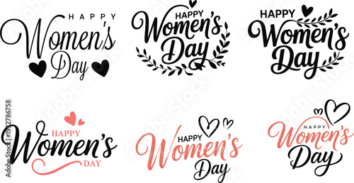 A collection of decorative happy women' s day typographic designs with hearts and floral elements