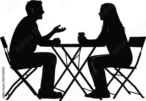 Black silhouette of a man and woman sitting at a cafe table talking and drinking coffee on a white background.