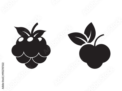 Black silhouettes of raspberry and apple with leaves on white background  fruit icons