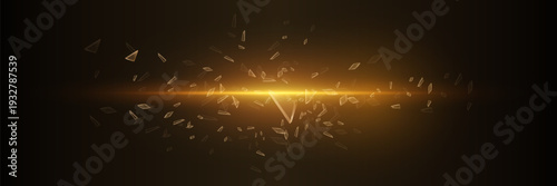 Golden light burst with flying glass shards and glowing horizontal flare on dark background