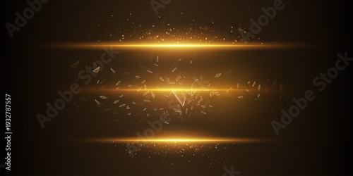 Golden horizontal light beams with glass shards and sparkling particles on dark background