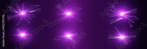 Purple light burst collection with glass shards and glowing flares on dark background
