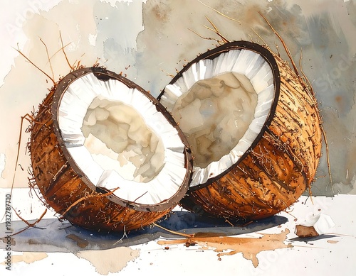 Watercolor Painting of Two Halved Coconuts on a White Surface.