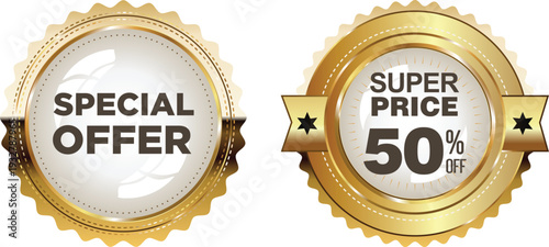 Golden badges with special offer and super price discount
