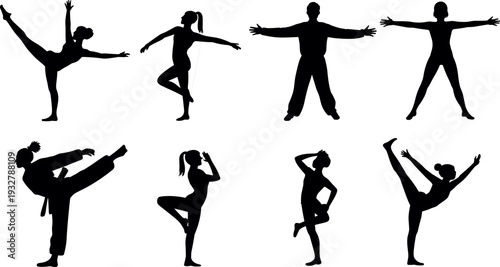 Karate and martial arts silhouette set, high kick fighter poses isolated on white background
