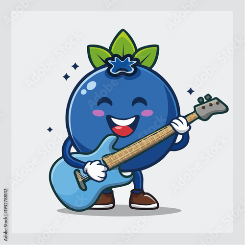 blueberry mascot playing electric guitar, rockstar pose, energetic vector illustration