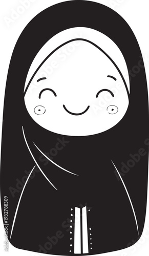 Smiling Muslim girl in hijab black and white vector illustration