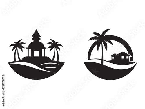 Black silhouettes of tropical island landscapes with palm trees and buildings  scenic views of oceanic getaways with huts and trees  serene beach scenes