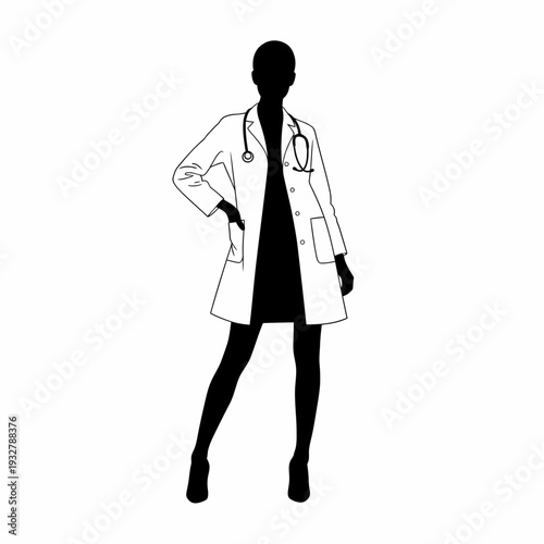 Female Doctor Silhouette with Stethoscope Standing.