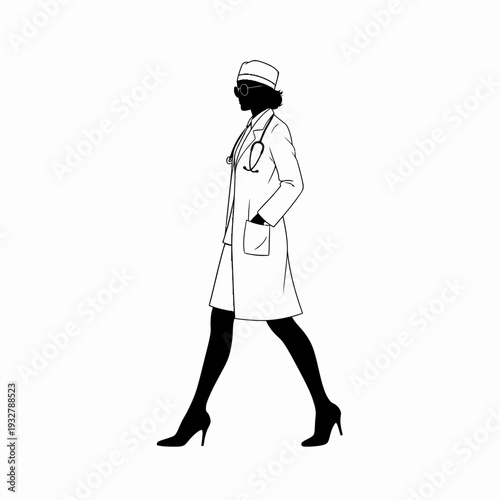 Female Doctor Walking in Lab Coat.