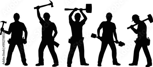 Construction worker hammer and sledgehammer silhouettes, professional builder team with tools, industrial laborer action set isolated vector
