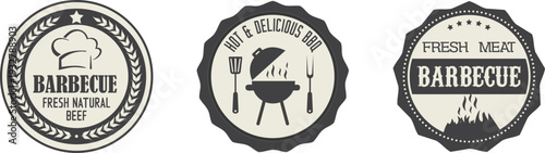 Three black and white barbecue logos on a white background