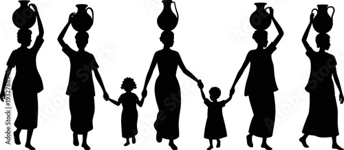 African women silhouettes carrying water pots isolated on white background, traditional village lifestyle and motherhood with children concept