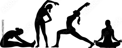 Yoga and stretching silhouette collection, women practicing flexibility balance and meditation poses for healthy lifestyle