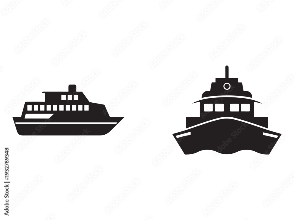 Obraz premium Black silhouettes of two different ferry boats on white background side and front views