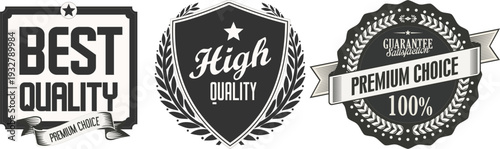 Three black and white quality seals with laurel wreaths and ribbons