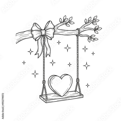 A whimsical line art illustration of a heart-shaped swing hanging from a tree branch adorned with a bow and leaves, surrounded by sparkling stars.