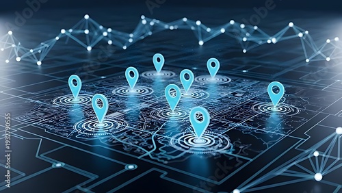 A futuristic digital landscape with a network grid featuring multiple location markers and data points, viewed from directly above with a dark blue background and illuminated connections.