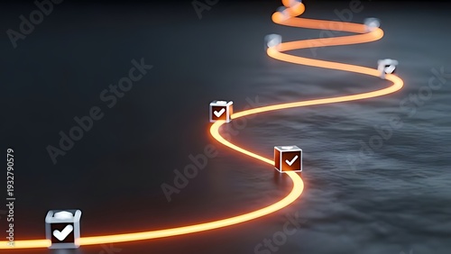 A winding orange path with checkmarks on small cubes flows like a river across a dark, rippled surface, creating a sense of movement and progression from a bird's eye view perspective
