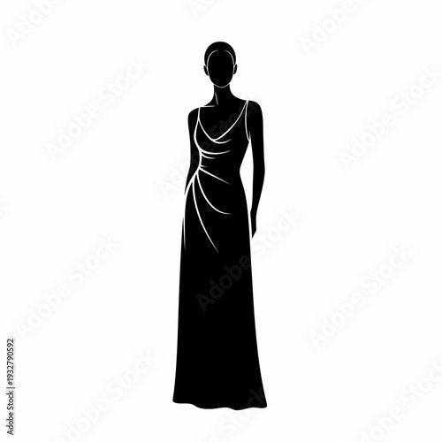 Woman Wearing Elegant Long Black Evening Dress.