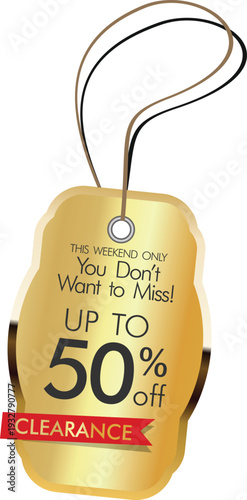 Golden clearance tag with up to 50 percent off sale