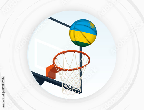 Rwanda Flag Themed Basketball in Motion, Scoring Moment in Basketball Game.