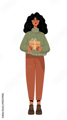 8 March womens day woman holding gift box festive celebration casual clothes white background