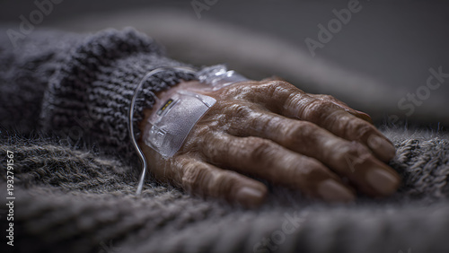 Realistic closeup of medical gloved hand in blue holding flu vaccine vial tilted and syringe needle pointing up, air bubble expulsion