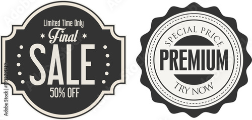 A couple of sale stickers on a white background