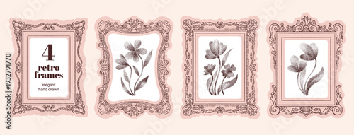 Frame with flower. Aura floral border art. Vintage vector mirror ornament with halftone flower. Victorian design mirror frames. Scallop floral classic baroque rococo antique wavy painting floral shape