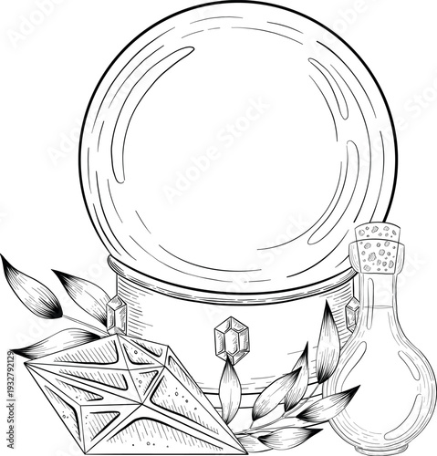 Mystical Magic Engraving Illustrations Set. Hand Drawn tattoo style sketches of crystall ball, crystals, potions, cards, herbs and candles. The theme of magic, mystery and witchcraft