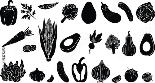 Collection of fresh vegetables silhouettes on transparent background