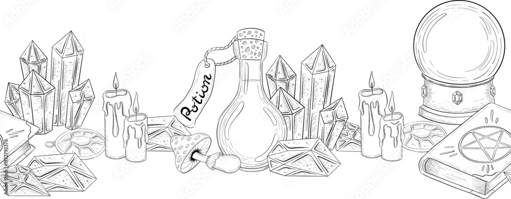 Obraz premium Mystical Magic Engraving Illustrations Set. Hand Drawn tattoo style sketches of crystall ball, crystals, potions, cards, herbs and candles. The theme of magic, mystery and witchcraft