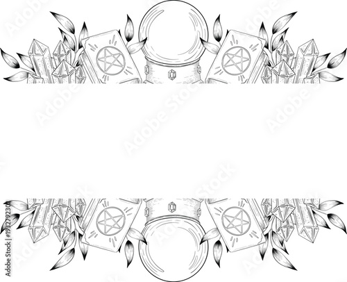 Mystical Magic Engraving Illustrations Set. Hand Drawn tattoo style sketches of crystall ball, crystals, potions, cards, herbs and candles. The theme of magic, mystery and witchcraft