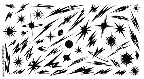 Black ink brush strokes and splatters on white background creating abstract art piece with dynamic movements and textures