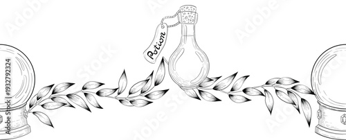 Mystical Magic Engraving Illustrations Set. Hand Drawn tattoo style sketches of crystall ball, crystals, potions, cards, herbs and candles. The theme of magic, mystery and witchcraft