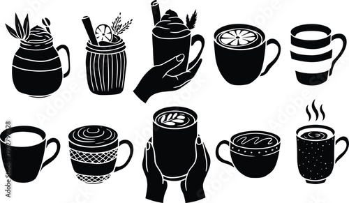 Hot beverage silhouettes set including coffee mugs tea cups and hands holding