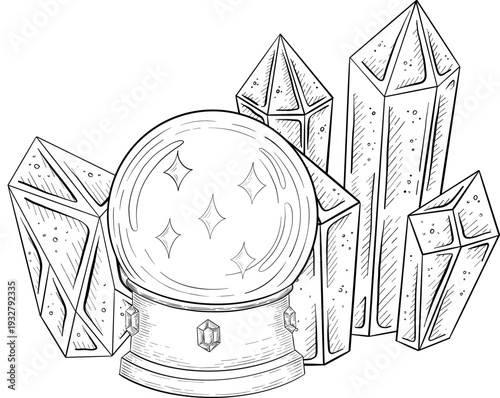 Mystical Magic Engraving Illustrations Set. Hand Drawn tattoo style sketches of crystall ball, crystals, potions, cards, herbs and candles. The theme of magic, mystery and witchcraft