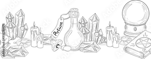 Mystical Magic Engraving Illustrations Set. Hand Drawn tattoo style sketches of crystall ball, crystals, potions, cards, herbs and candles. The theme of magic, mystery and witchcraft