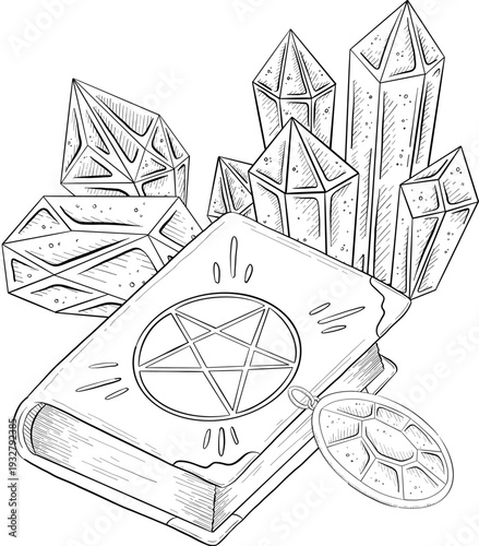 Mystical Magic Engraving Illustrations Set. Hand Drawn tattoo style sketches of crystall ball, crystals, potions, cards, herbs and candles. The theme of magic, mystery and witchcraft