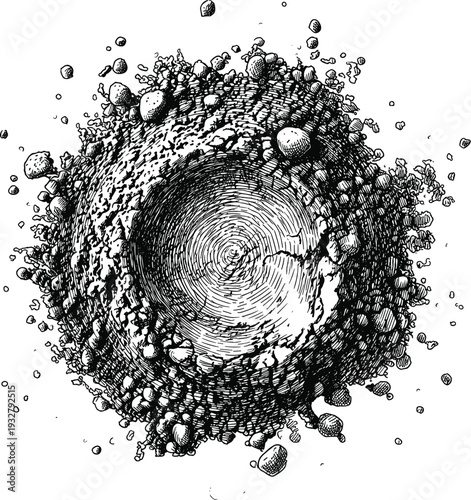 Illustration of a crater or hole with rocks and soil, abstract texture