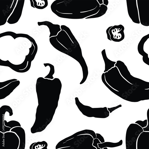 Bell peppers and chili peppers seamless pattern black silhouette on transparent