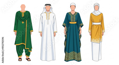 Four people wearing traditional middle eastern clothing green white blue and yellow robes with headscarves
