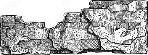 Hand drawn doodle brick wall texture with various patterns and geometric shapes