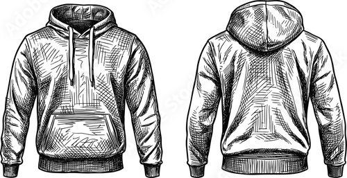 Black and white hand drawn sketch of hoodie front and back view on white background