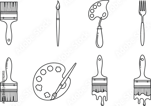 Artist Paint Brushes Palette and Painting Tools Vector Icons Set for Art Studio Creative Workshop or Home Renovation DIY Projects Isolated on White