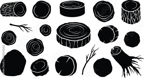 Tree log slice collection with wooden stump rings and branches in black silhouette