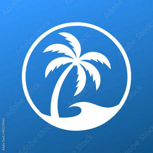 Logo agencia de viajes. Vacaciones de verano. Dibujo sencillo con siluetas de un paisaje con la palma y ola de mar en círculo con fondo azul 